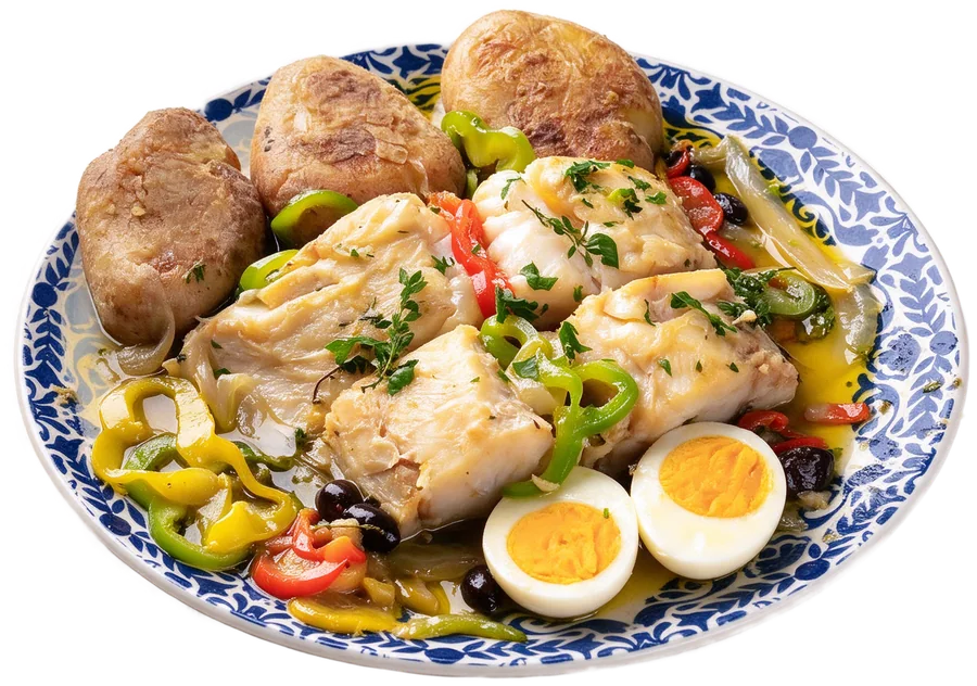 Bacalhau à Lagareiro com batatas ao murro, pimentões, azeitonas e ovos no prato de louça azul e branca