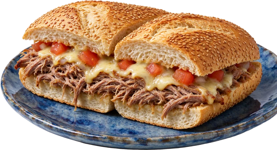 Lanche de pernil desfiado com queijo derretido e vinagrete no pão francês com gergelim