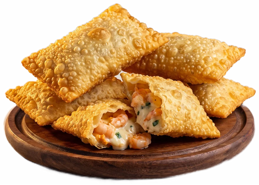 Mini pastéis dourados na tábua, um aberto com recheio de camarão e catupiry